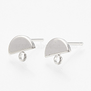 Brass Stud Earring Findings, with Loop and Flat Plate, Semicircle, Nickel Free, Real Platinum Plated, 8x10x1mm, Hole: 1.5mm, Pin: 0.8mm(KK-N186-57)