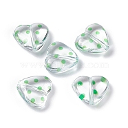 Transparent Acrylic Beads, Heart with Polka Dot Pattern, Clear, Green, 15.5x17.5x6mm, Hole: 1.7mm(OACR-C009-05A)