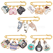 Iron Safety Pin Brooches, Alloy Enamel Brooches, Bulb/Cat/Cup, Mixed Color, 34~39mm, 5 style, 1pc/style, 5pcs/set(JEWB-AB00017)