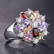 Cubic Zirconia Flower Finger Ring, Colorful, US Size 9(18.9mm)(PW-WG24646-04)