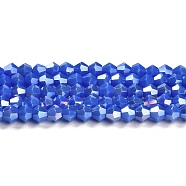 Opaque Solid Color Electroplate Glass Beads Strands, AB Color Plated, Faceted, Bicone, Medium Blue, 4x4mm, Hole: 0.8mm, about 82~85pcs/strand, 30.5~31cm(GLAA-F029-P4mm-A11)
