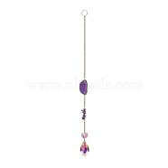 Natural Agate & Natural Amethyst Chip Pendant Decorations, Hanging Suncatchers, with Iron Findings and Glass Teardrop Charm, for Home Garden Decorations, Medium Blue, 250mm(WG27573-05)