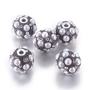 Handmade Indonesia Beads, with Rhinestone, Acrylic Imitation Pearl and Alloy Findings, Round, Crystal, Silver Color Plated, 20.5~23x18~19mm, Hole: 3~3.5mm(IPDL-K004-H)