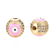 Brass Micro Pave Cubic Zirconia Beads, with Enamel, Real 18K Gold Plated, Round with Evil Eye, Nickel Free, Pearl Pink, 10mm, Hole: 2mm(KK-N227-88E)