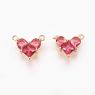 Brass Cubic Zirconia Charms, Real 18K Gold Plated, Heart, Hot Pink, 9.5x12x4.5mm, Hole: 1mm(X-KK-S340-12G)