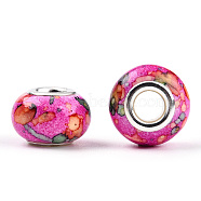 Opaque Resin European Beads, Imitation Crystal, Two-Tone Large Hole Beads, with Silver Tone Brass Double Cores, Rondelle, Magenta, 14x9.5mm, Hole: 5mm(RPDL-T003-09E)