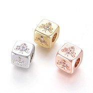Brass Beads, with Micro Pave Cubic Zirconia, Cube with Bee, Clear, Mixed Color, 6x6x6mm, Hole: 3mm(KK-I657-06)