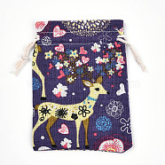 Flower Deer Printed Polycotton(Polyester Cotton) Packing Pouches Drawstring Bags, Rectangle, Indigo, 14x10cm(ABAG-T004-10x14-36)