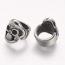 304 Stainless Steel Slide Charms, Skull, Large Hole Beads, Antique Silver, 11x12.5x11mm, Hole: 8mm(STAS-K132-071AS)