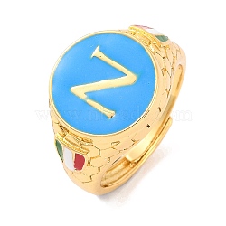 Round with Letter N Brass Enamel Adjustable Rings, Signet Rings for Women, Lead Free & Cadmium Free, Real 18K Gold Plated, 15mm, Inner Diameter: 19mm(RJEW-U009-09G)