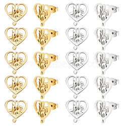 Unicraftale 10 Pairs 2 Colors Heart with Musical Note 304 Stainless Steel Stud Earrings for Women, Golden & Stainless Steel Color, 13x12.5mm, Pin: 0.7mm, 5pairs/color(STAS-UN0034-78)