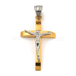 Ion Plating(IP) 304 Stainless Steel Pendants, Cross with Jesus, Golden & Stainless Steel Color, 33x18.5x7mm, Hole: 6x5.5mm(STAS-M329-05G)