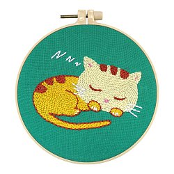 Animal Theme DIY Display Decoration Punch Embroidery Beginner Kit, Including Punch Pen, Needles & Yarn, Cotton Fabric, Threader, Plastic Embroidery Hoop, Instruction Sheet, Cat Shape, 155x155mm(SENE-PW0003-073W)