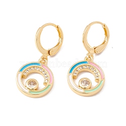 Enamel Flat Round Dangle Leverback Earrings with Clear Cubic Zirconia, Real 18K Gold Plated Brass Drop Earrings, Lead Free & Cadmium Free, Colorful, 29mm, Pin: 0.8x1mm(EJEW-F282-07G)