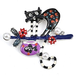 Cartoon Cat and Fish Tank Enamel Pins, Zinc Alloy Crystal Rhinestone Brooch, with Plastic Pearls, Black, 52x57.5mm(JEWB-U011-02P-01)