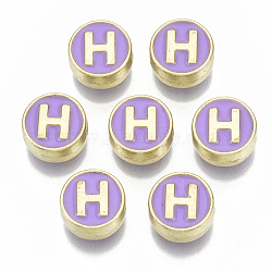 Alloy Enamel Beads, Cadmium Free & Nickel Free & Lead Free, Flat Round with Initial Letters, Light Gold, Letter.H, 8x4mm, Hole: 1.5mm(X-ENAM-S122-028H-NR)