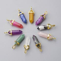 Natural Mixed Stone Double Terminated Pointed Pendants, with Random Alloy Pendant Hexagon Bead Cap Bails, Golden, Bullet, 37~40x12.5x10mm, Hole: 3x4.5mm(G-G902-B)