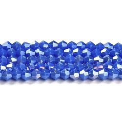 Opaque Solid Color Electroplate Glass Beads Strands, AB Color Plated, Faceted, Bicone, Medium Blue, 4x4mm, Hole: 0.8mm, about 87~98pcs/strand, 12.76~14.61 inch(32.4~37.1cm)(GLAA-F029-P4mm-A11)