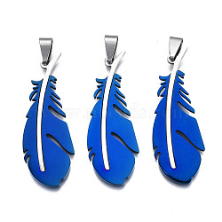 Ion Plating(IP) 201 Stainless Steel Pendants, Laser Cut, Feather, Blue, 49x17.5x1mm, Hole: 4x7.5mm(STAS-T044-283BL)