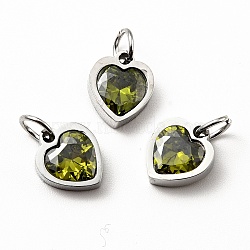 304 Stainless Steel Pendants, with Cubic Zirconia and Jump Rings, Single Stone Charms, Heart, Stainless Steel Color, Olive Drab, 9x8x3mm, Hole: 3.6mm(STAS-D189-06P-04)