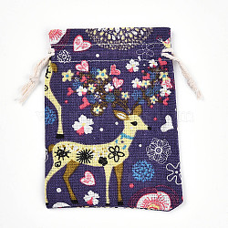 Flower Deer Printed Polycotton(Polyester Cotton) Packing Pouches Drawstring Bags, Rectangle, Indigo, 14x10cm(ABAG-T004-10x14-36)