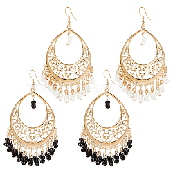 ANATTASOUL 2 Pairs 2 Colors Glass Seed Beaded Teardrop Chandelier Earrings, Golden Alloy Jewelry for Women, Black and White, 90mm, Pin: 0.7mm, 1 Pair/color(EJEW-AN0002-29)
