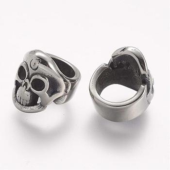 304 Stainless Steel Slide Charms, Skull, Large Hole Beads, Antique Silver, 11x12.5x11mm, Hole: 8mm