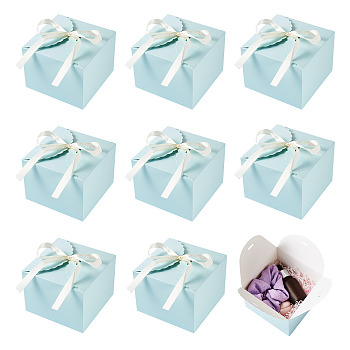 10Sets Square Paper Gift Boxes, with Ribbons, Birthday Wedding Party Chocolate Candy Gift Boxes, Light Cyan, 12x12x9cm