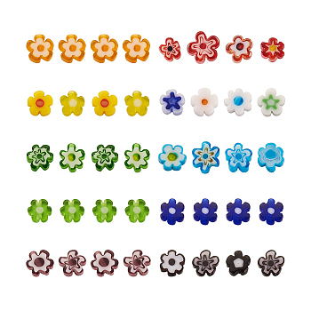 300Pcs 10 colors Handmade Millefiori Glass Beads, Flower, Mixed Color, 4~7.2x2.6mm, Hole: 1mm, 30pcs/color