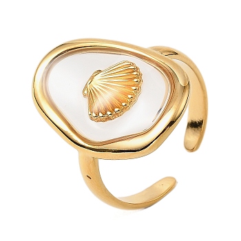 Oval with Shell Shape Resin Finger Rings, 304 Stainless Steel Open Cuff Rings for Women, Golden, 22.5mm, Adjustable