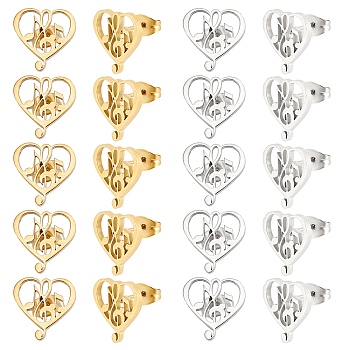 Unicraftale 10 Pairs 2 Colors Heart with Musical Note 304 Stainless Steel Stud Earrings for Women, Golden & Stainless Steel Color, 13x12.5mm, Pin: 0.7mm, 5pairs/color