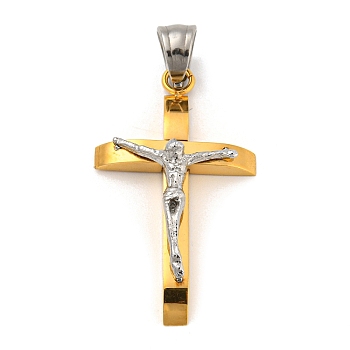Ion Plating(IP) 304 Stainless Steel Pendants, Cross with Jesus, Golden & Stainless Steel Color, 33x18.5x7mm, Hole: 6x5.5mm