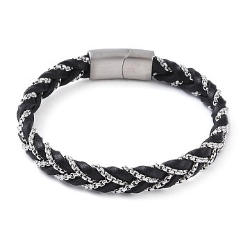 Black Braided Leather Cord Bracelets, with 304 Stainless Steel Magnetic Clasps, for Men Women, Stainless Steel Color, 8-1/2 inch(21.5cm), 10~12mm