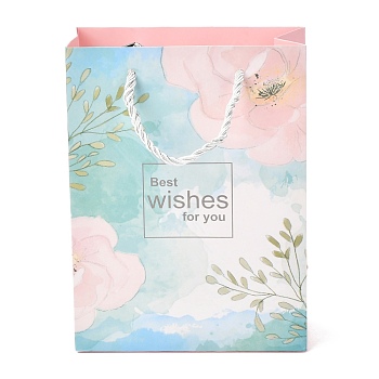 Rectangle Paper Bags, with Cotton Rope Handles, Floral & Word Pattern, for Gift Bags and Shopping Bags, Colorful, 15x7.1x20cm
