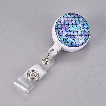 Plastic Retractable Badge Reel, Card Holders, with Iron Findings, Flat Round with Mermaid Fish Scale Pattern, Colorful, 83.5x31.5x20.5mm