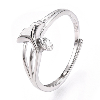 925 Sterling Silver Adjustable Ring Settings, with S925 Stamp, Apricot Leaf, Real Platinum Plated, US Size 8(18.1mm)