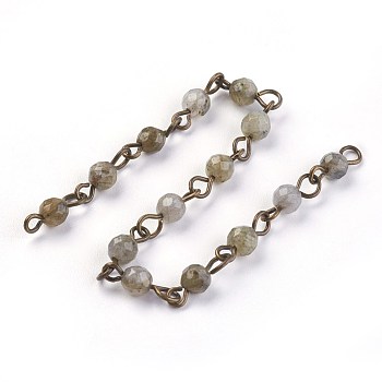 Handmade Natural Labradorite Beads Chains, Unwelded, with Brass Eye Pin, Round, Faceted, Antique Bronze, 12~12.5x4~4.5mm, about 39.37 inch(1m)/strand