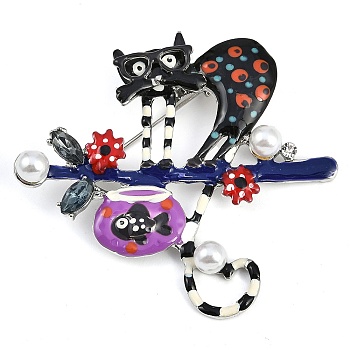 Cartoon Cat and Fish Tank Enamel Pins, Zinc Alloy Crystal Rhinestone Brooch, with Plastic Pearls, Black, 52x57.5mm