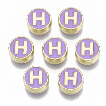 Alloy Enamel Beads, Cadmium Free & Nickel Free & Lead Free, Flat Round with Initial Letters, Light Gold, Letter.H, 8x4mm, Hole: 1.5mm