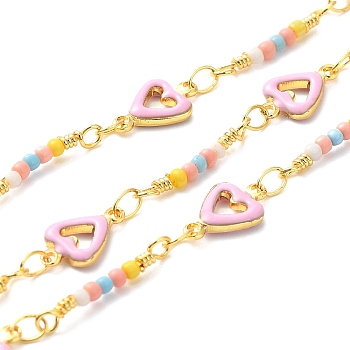 Handmade Brass Enamel Heart Link Chains, Glass Beaded Chains, Real 18K Gold Plated, Soldered, with Spool, Cadmium Free & Lead Free, Pearl Pink, Bead Link: 17~18x3x2mm, Heart: 10.5x7x2mm