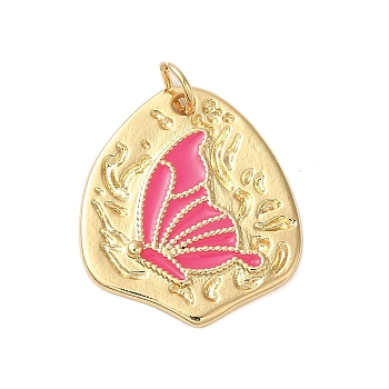 Rack Plating Brass Enamel Pendants, with Jump Ring, Cadmium Free & Lead Free, Real 18K Gold Plated, Irregular with Butterfly Charm, Cerise, 21.5x19x2.4mm, Hole: 3.4mm