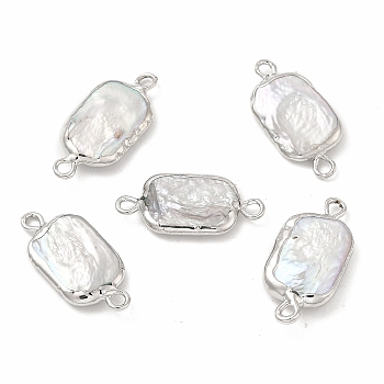 Baroque Natural Keshi Pearl Connector Charms, Rectangle Links, with Brass Double Loops, Platinum, 21~23x10~11x3~4mm, Hole: 1.6mm