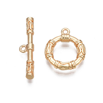 Brass Toggle Clasps, Nickel Free, Ring, Real 18K Gold Plated, Ring: 15x13x2.5mm, Bar: 21.5x5x2.5mm, Hole: 1.2mm