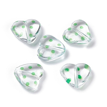Transparent Acrylic Beads, Heart with Polka Dot Pattern, Clear, Green, 15.5x17.5x6mm, Hole: 1.7mm