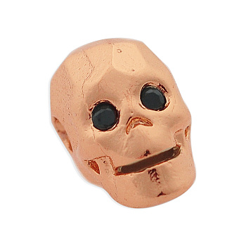 Brass Micro Pave Cubic Zirconia Beads, Skull, Rose Gold, 9x9.5x7.5mm, Hole: 2mm, 3pcs/bag