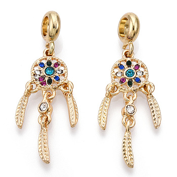 Alloy European Dangle Charms, with Rhinestone, Large Hole Pendants, Woven Net/Web with Feather, Platinum, Golden, 44mm, Hole: 4mm