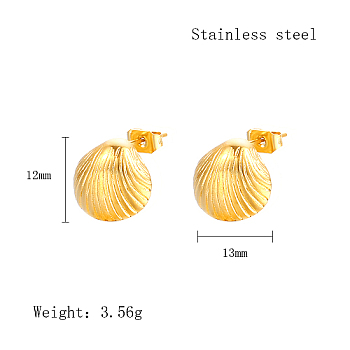 304 Stainless Steel Stud Earrings, Shell Shape, Real 18K Gold Plated, 12x13mm