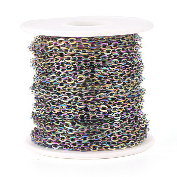 Ion Plating(IP) 304 Stainless Steel Cable Chains, Unwelded, with Spool, Flat Oval, Rainbow Color, 4x3x0.7mm, about 65.62 Feet(20m)/Roll