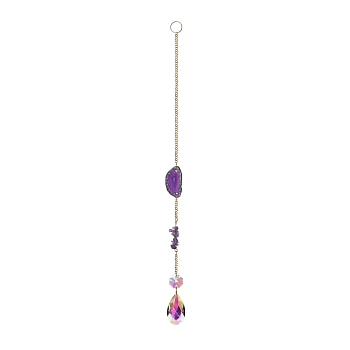 Natural Agate & Natural Amethyst Chip Pendant Decorations, Hanging Suncatchers, with Iron Findings and Glass Teardrop Charm, for Home Garden Decorations, Medium Blue, 250mm