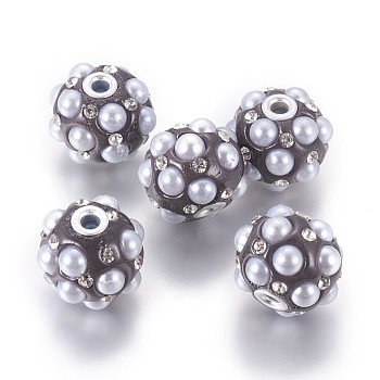 Handmade Indonesia Beads, with Rhinestone, Acrylic Imitation Pearl and Alloy Findings, Round, Crystal, Silver Color Plated, 20.5~23x18~19mm, Hole: 3~3.5mm